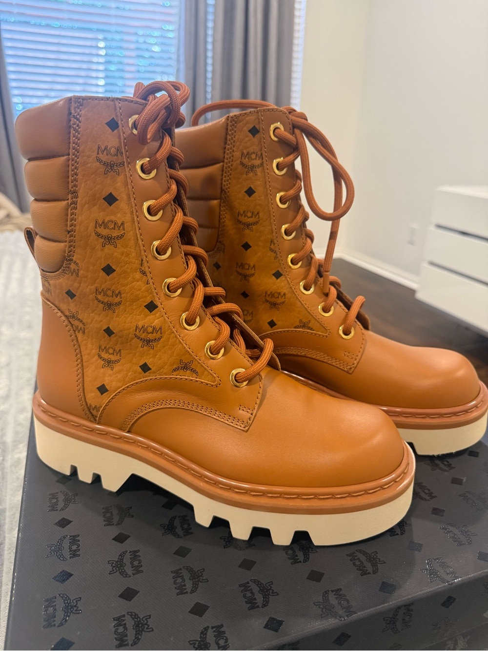 **Brand New** MCM Cognac Monogram Lace-Up Lug Boots with Cream Sole. - Picture 3 of 7